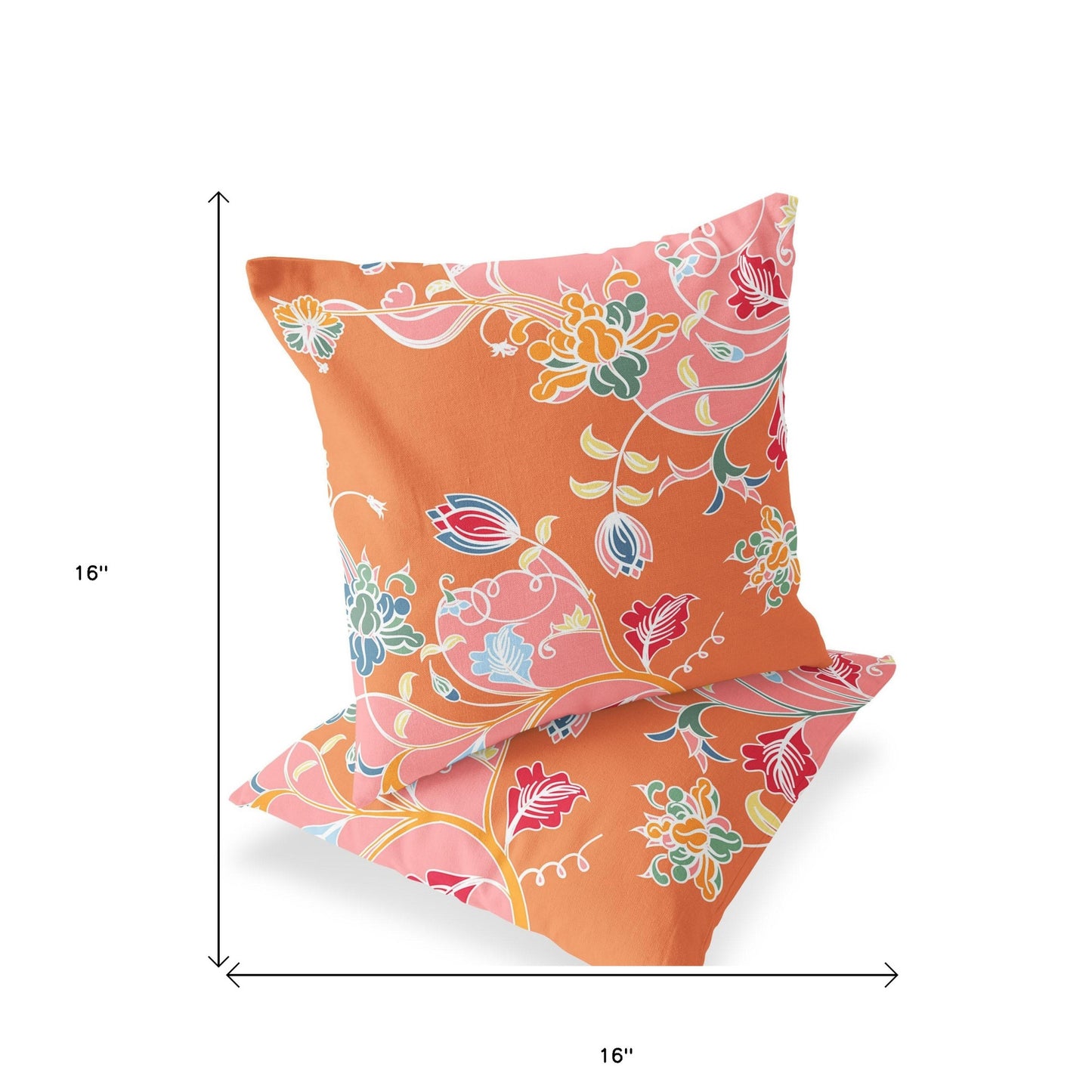 Set of Two 16" X 16" Pink and Orange Blown Seam Floral Indoor Outdoor Throw Pillows