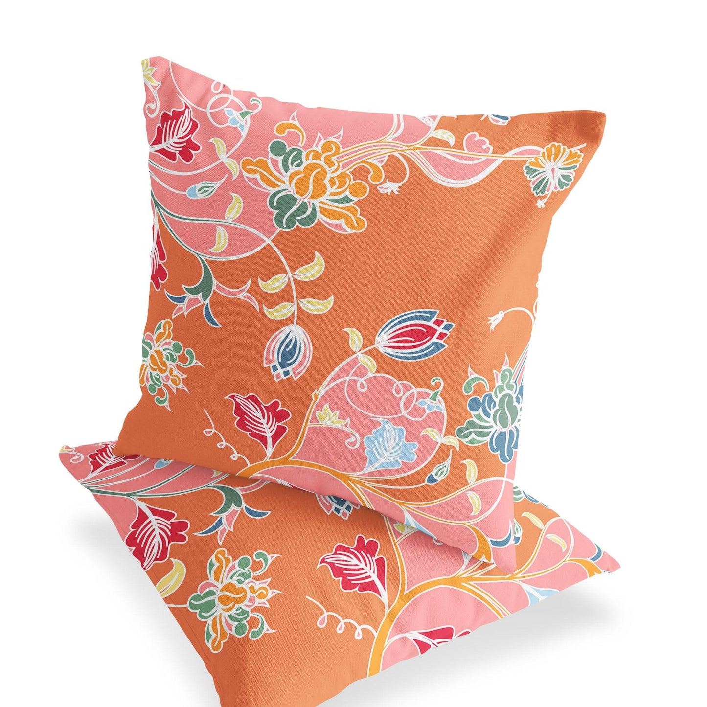 Set of Two 16" X 16" Pink and Orange Blown Seam Floral Indoor Outdoor Throw Pillows - FurniFindUSA