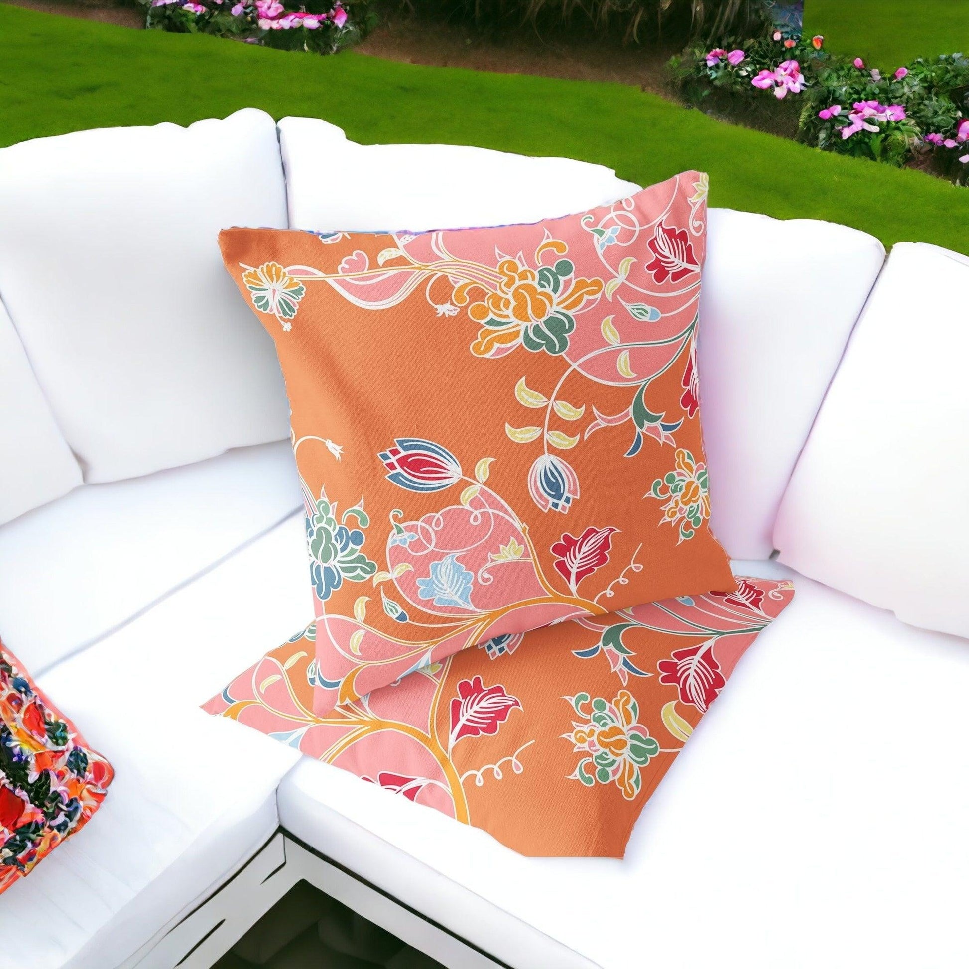 Set of Two 16" X 16" Pink and Orange Blown Seam Floral Indoor Outdoor Throw Pillows - FurniFindUSA