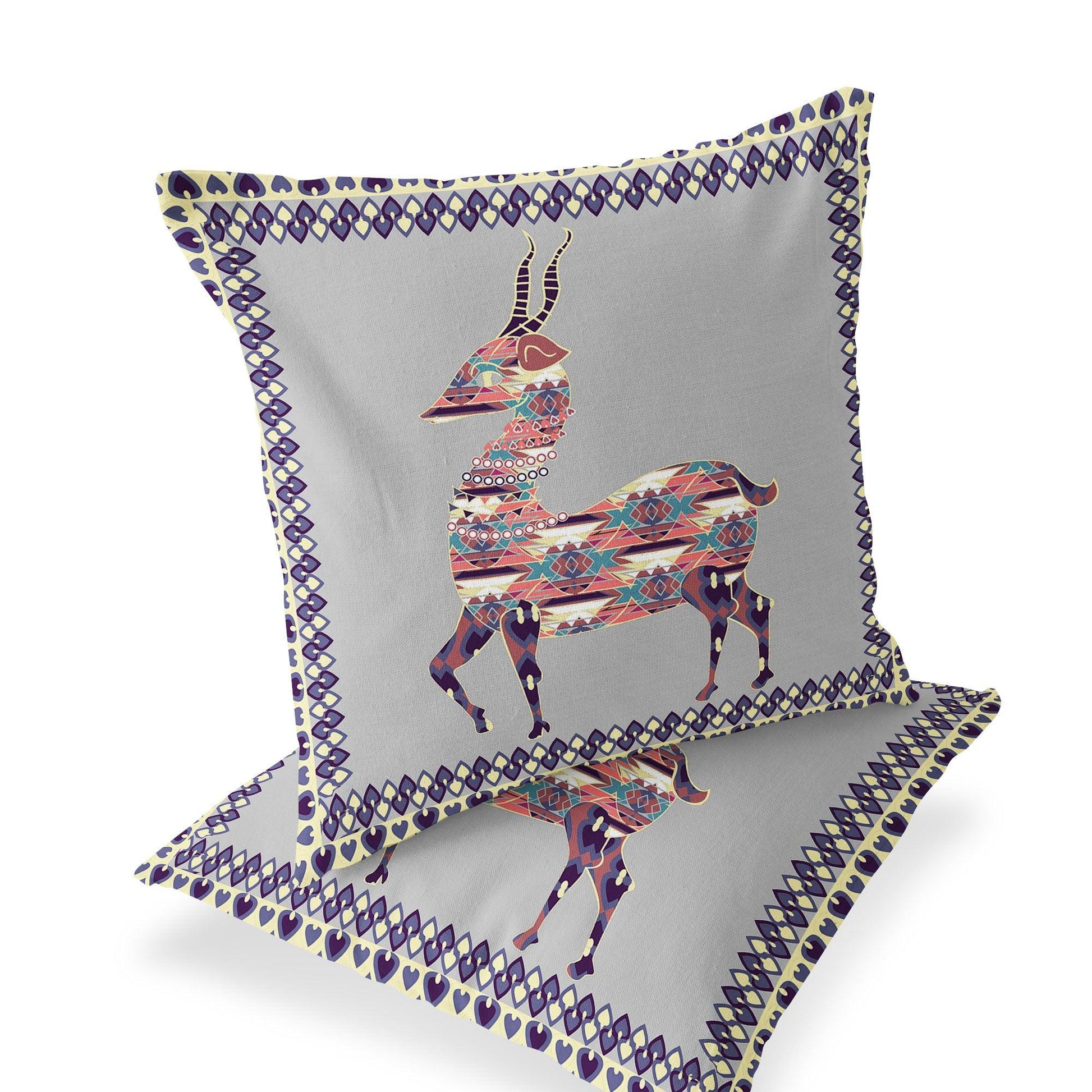 Set of Two 16" X 16" Gray and Purple Deer Blown Seam Animal Print Indoor Outdoor Throw Pillow - FurniFindUSA