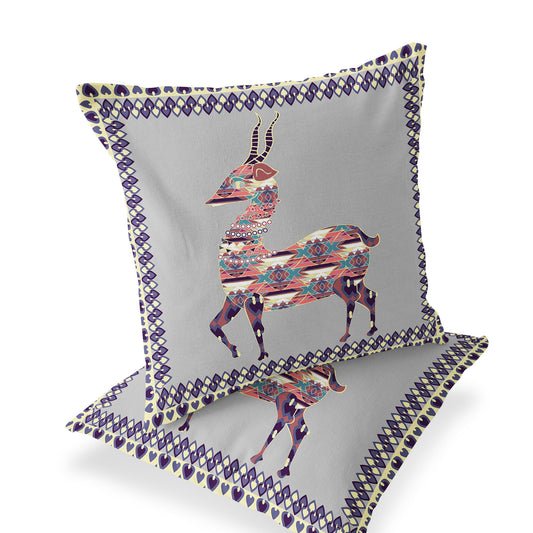 Set of Two 16" X 16" Gray and Purple Deer Blown Seam Animal Print Indoor Outdoor Throw Pillow