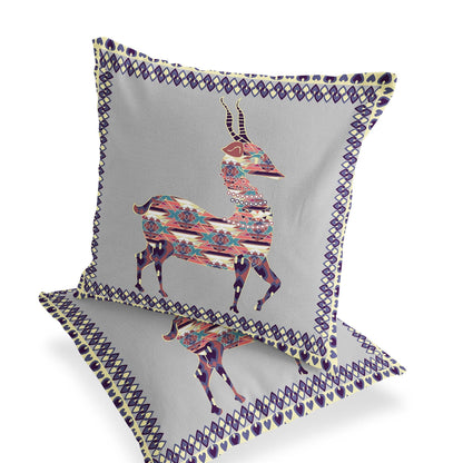 Set of Two 16" X 16" Gray and Purple Deer Blown Seam Animal Print Indoor Outdoor Throw Pillow - FurniFindUSA