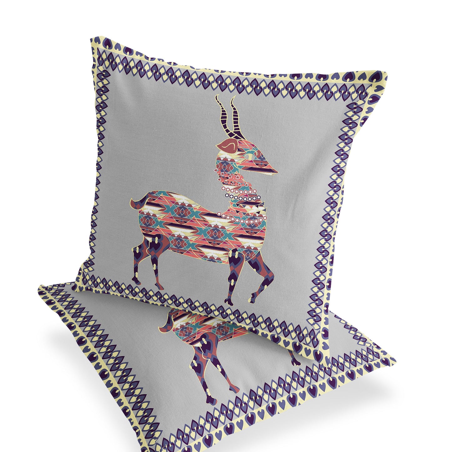 Set of Two 16" X 16" Gray and Purple Deer Blown Seam Animal Print Indoor Outdoor Throw Pillow