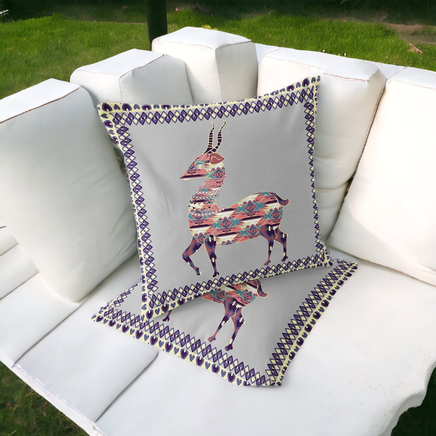 Set of Two 16" X 16" Gray and Purple Deer Blown Seam Animal Print Indoor Outdoor Throw Pillow