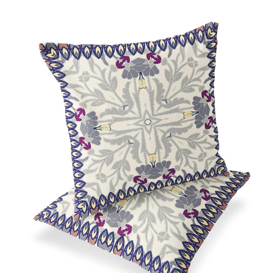 Set of Two 16" X 16" Gray and Purple Blown Seam Floral Indoor Outdoor Throw Pillow - FurniFindUSA