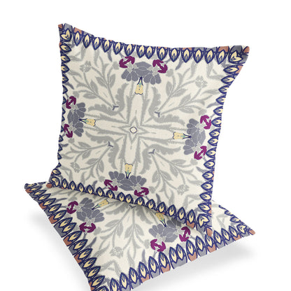 Set of Two 16" X 16" Gray and Purple Blown Seam Floral Indoor Outdoor Throw Pillow