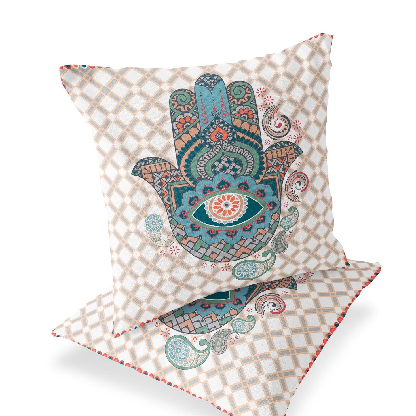 Set of Two 16" X 16" Blue and Orange Blown Seam Hamsa Indoor Outdoor Throw Pillow - FurniFindUSA