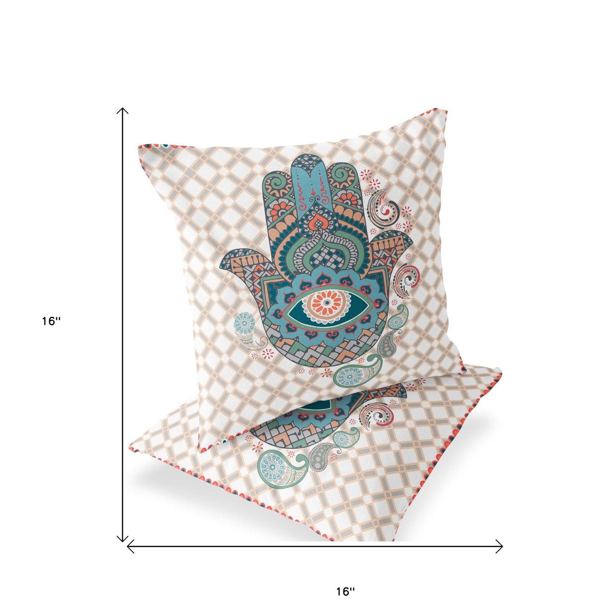 Set of Two 16" X 16" Blue and Orange Blown Seam Hamsa Indoor Outdoor Throw Pillow - FurniFindUSA