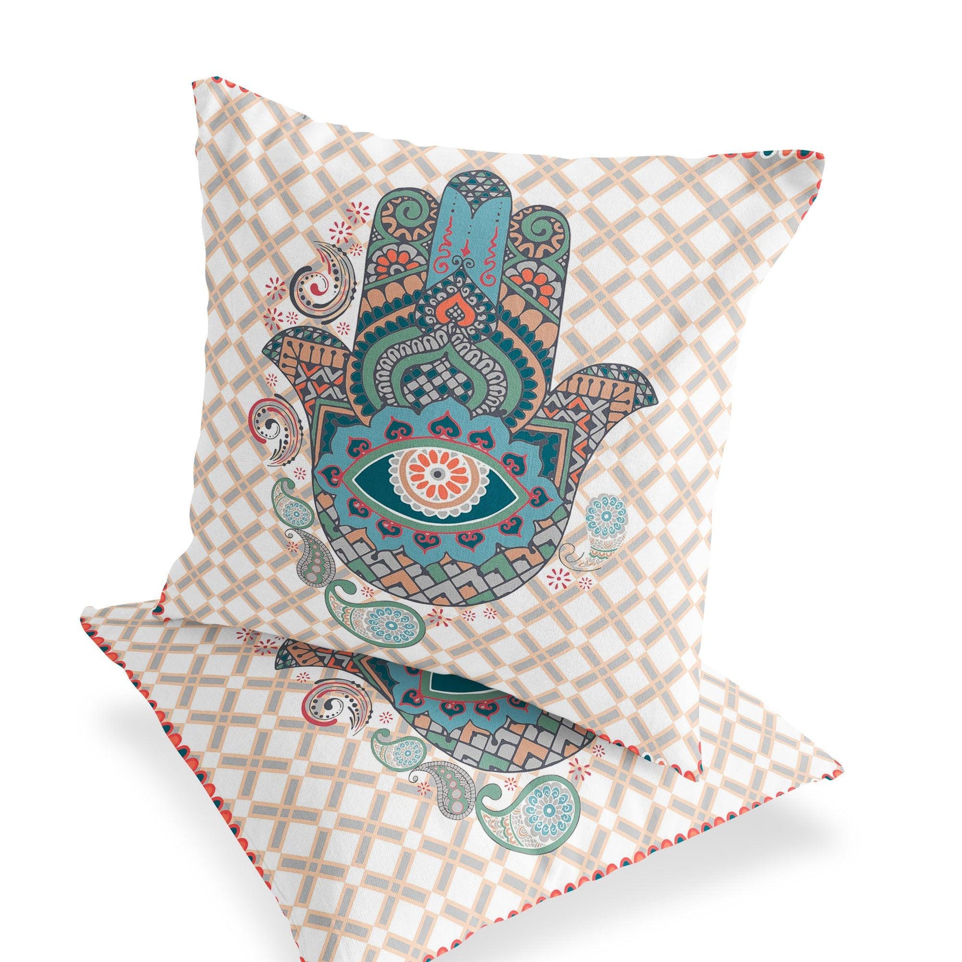 Set of Two 16" X 16" Blue and Orange Blown Seam Hamsa Indoor Outdoor Throw Pillow - FurniFindUSA