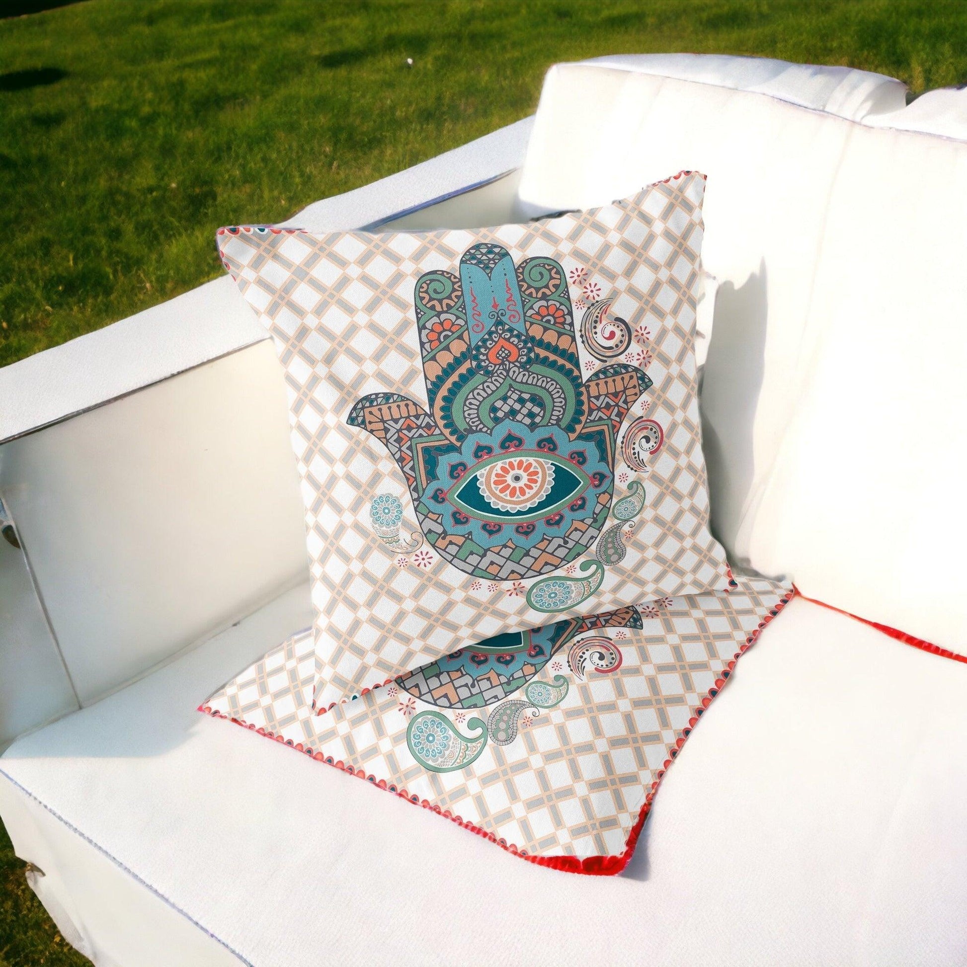 Set of Two 16" X 16" Blue and Orange Blown Seam Hamsa Indoor Outdoor Throw Pillow - FurniFindUSA