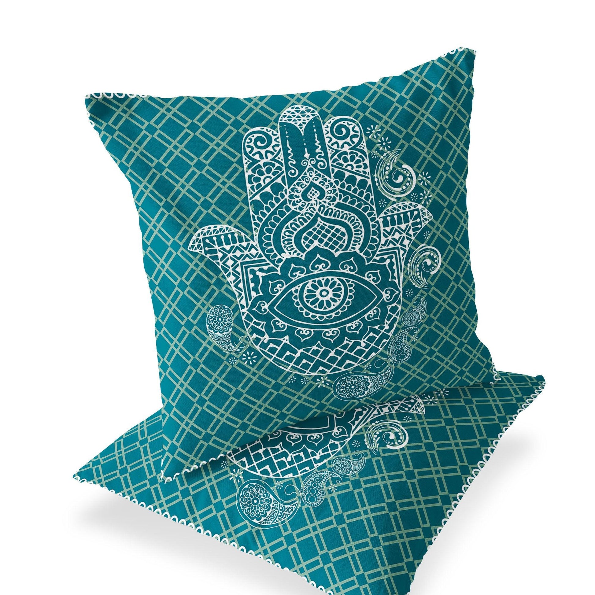 Set of Two 16" X 16" Green and White Blown Seam Hamsa Indoor Outdoor Throw Pillow - FurniFindUSA