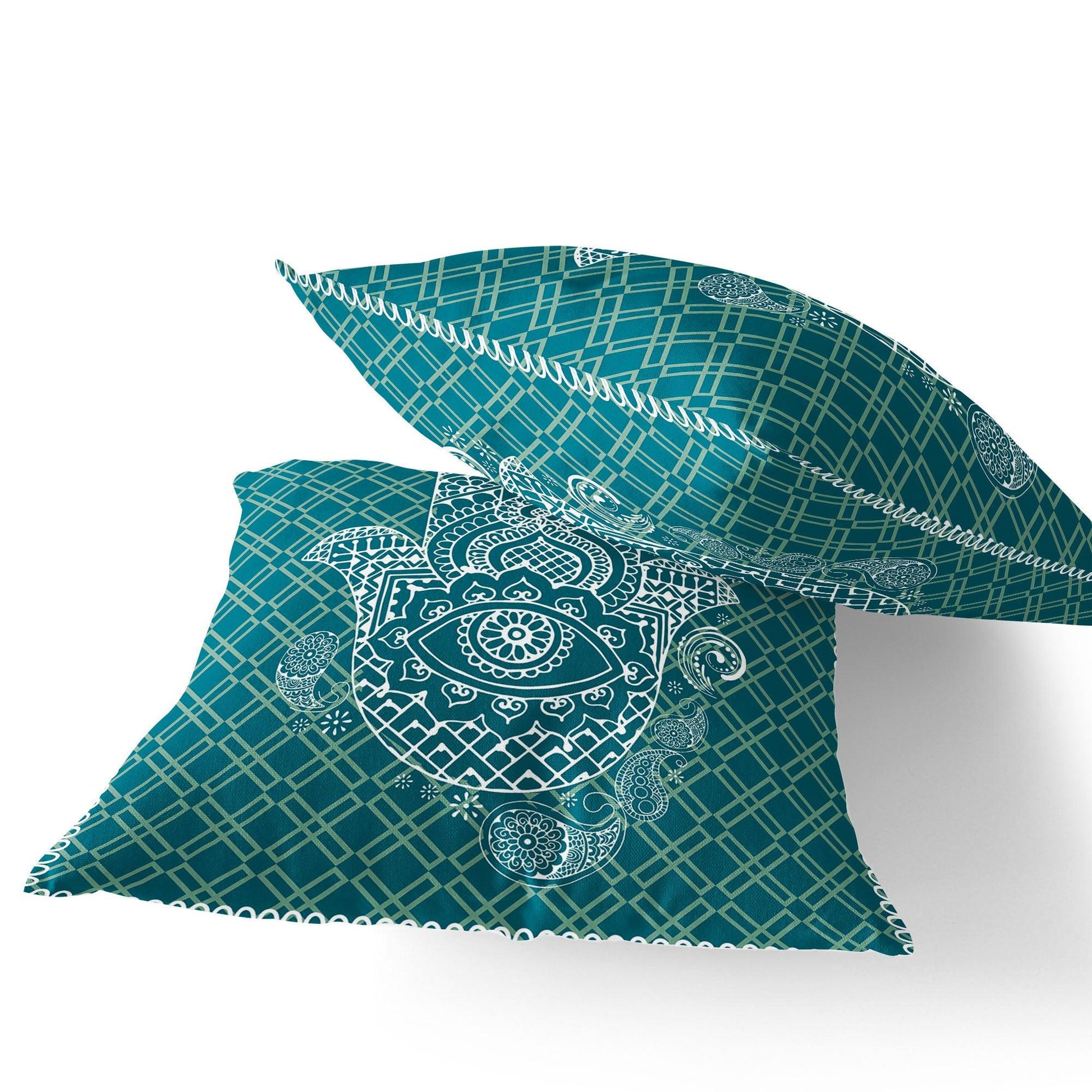 Set of Two 16" X 16" Green and White Blown Seam Hamsa Indoor Outdoor Throw Pillow - FurniFindUSA