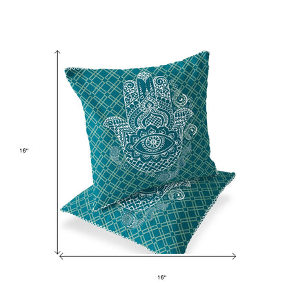 Set of Two 16" X 16" Green and White Blown Seam Hamsa Indoor Outdoor Throw Pillow - FurniFindUSA