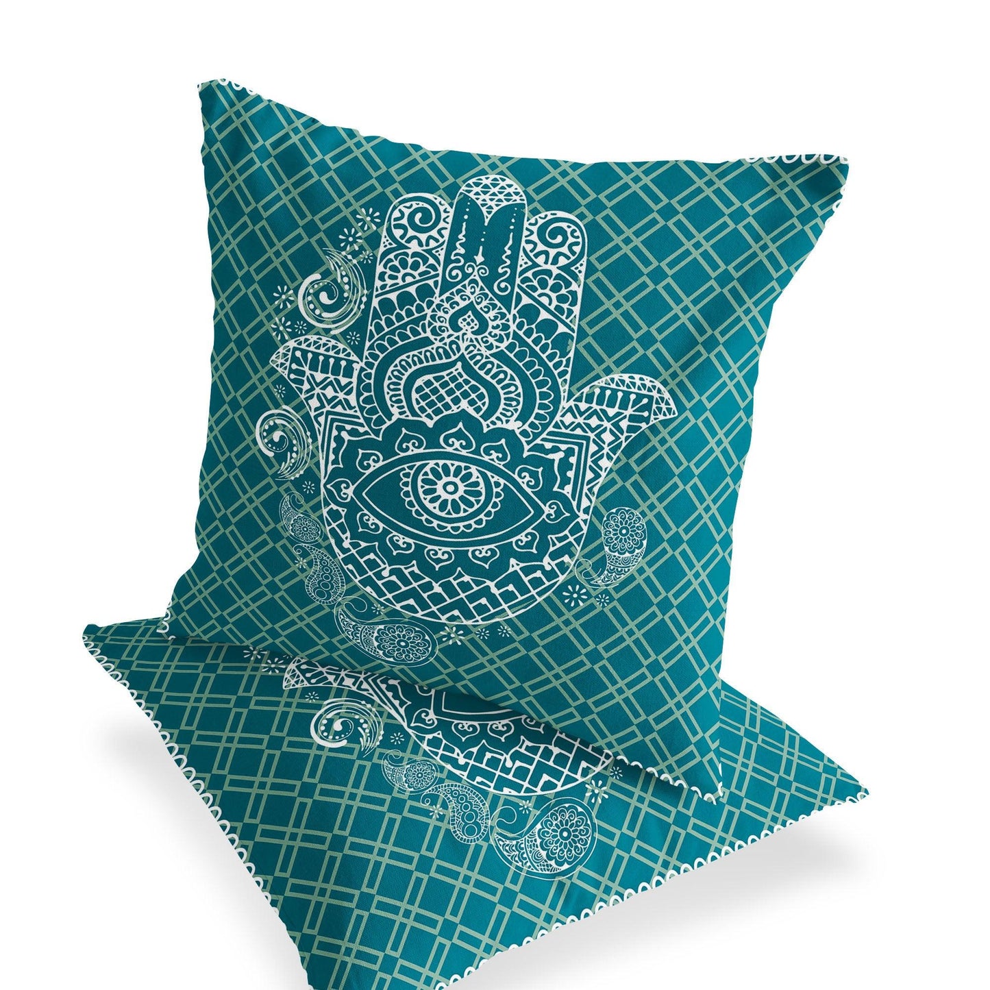 Set of Two 16" X 16" Green and White Blown Seam Hamsa Indoor Outdoor Throw Pillow - FurniFindUSA