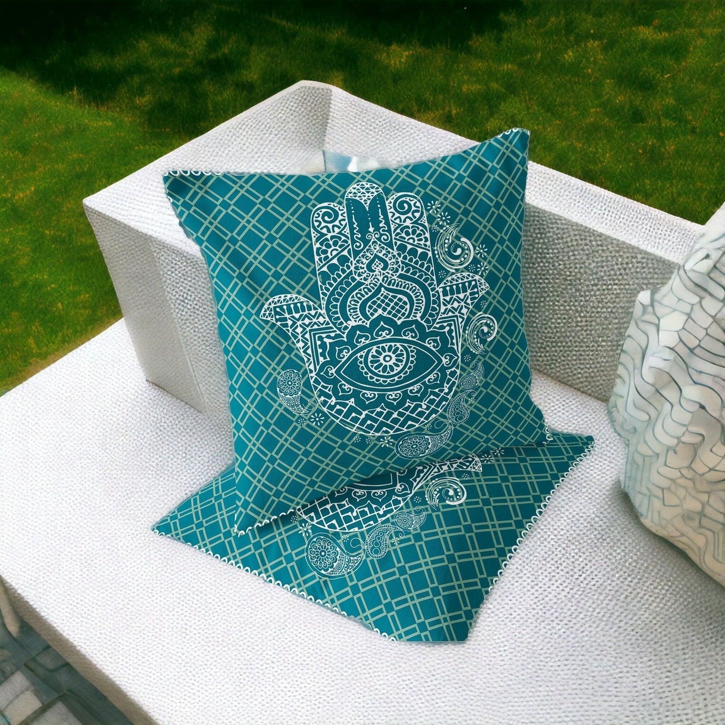 Set of Two 16" X 16" Green and White Blown Seam Hamsa Indoor Outdoor Throw Pillow - FurniFindUSA