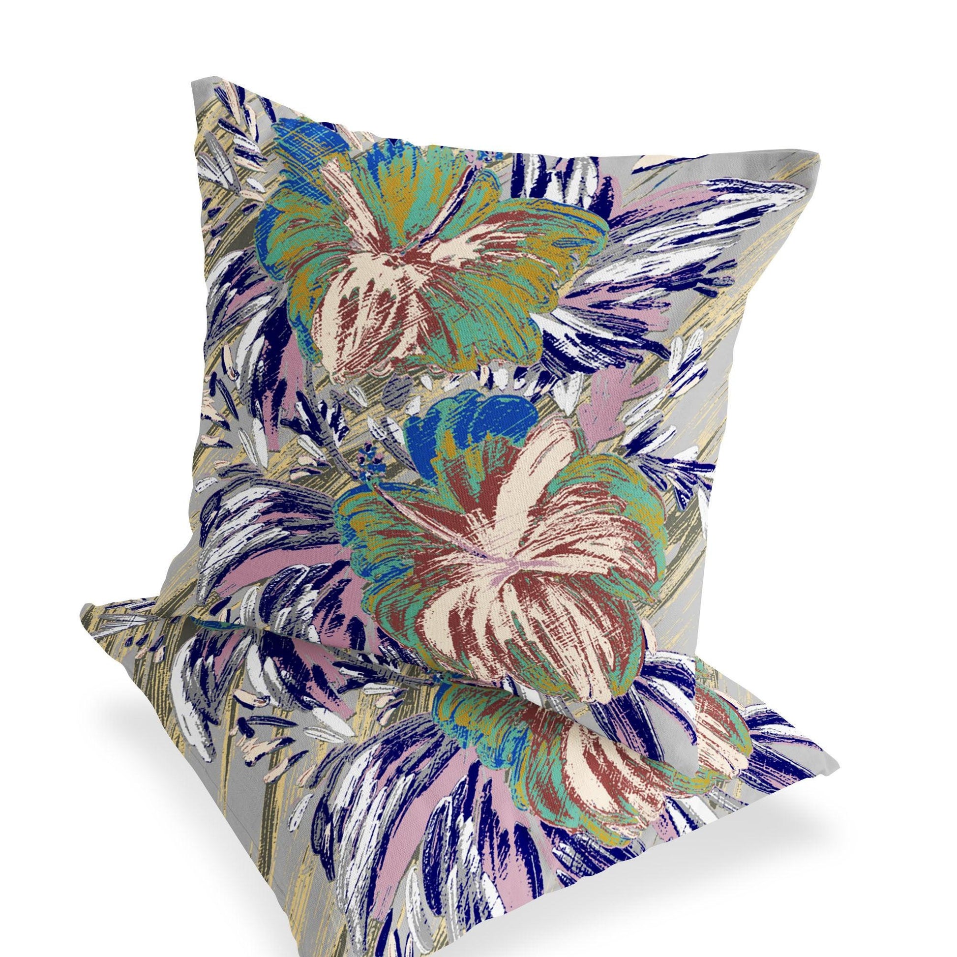 Set of Two 16" X 16" Green and White Blown Seam Floral Indoor Outdoor Throw Pillow - FurniFindUSA