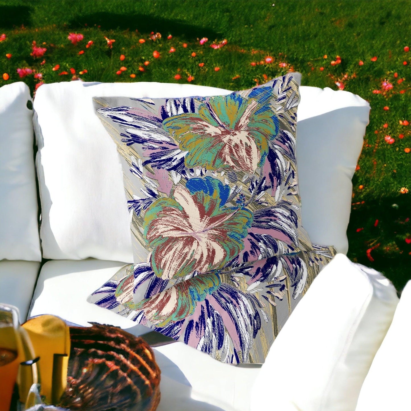 Set of Two 16" X 16" Green and White Blown Seam Floral Indoor Outdoor Throw Pillow - FurniFindUSA