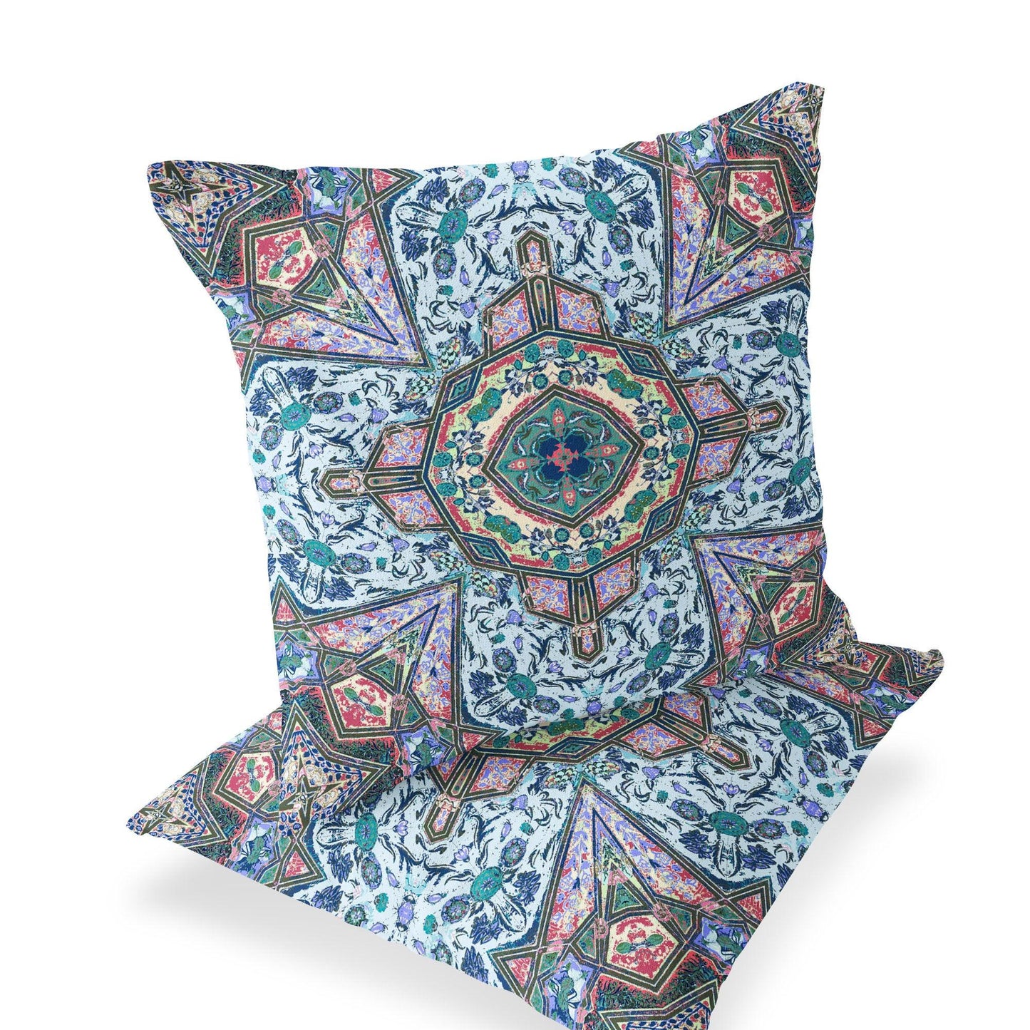 Set of Two 16" X 16" Blue and Pink Blown Seam Floral Indoor Outdoor Throw Pillow - FurniFindUSA