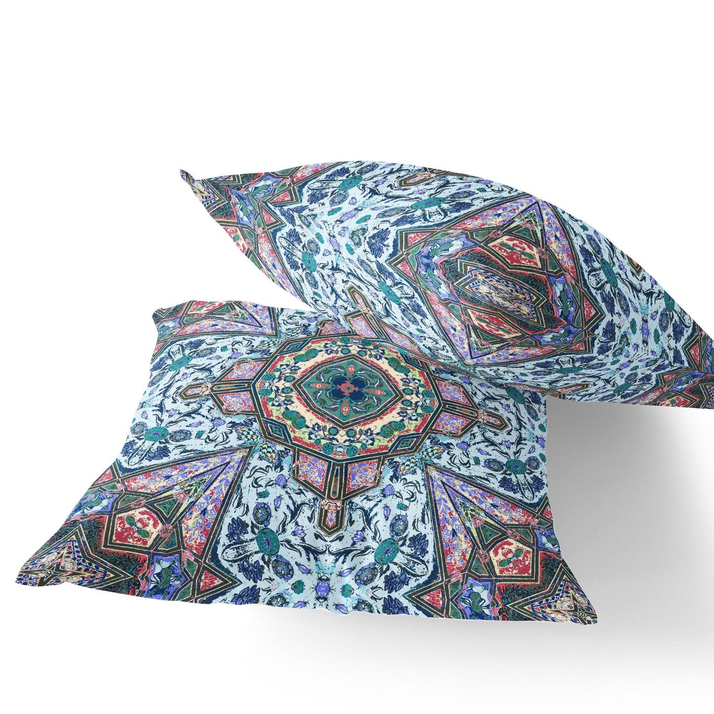 Set of Two 16" X 16" Blue and Pink Blown Seam Floral Indoor Outdoor Throw Pillow - FurniFindUSA