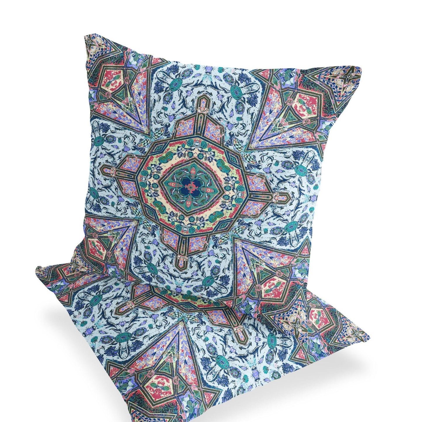 Set of Two 16" X 16" Blue and Pink Blown Seam Floral Indoor Outdoor Throw Pillow - FurniFindUSA