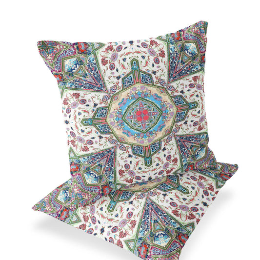 Set of Two 16" X 16" Pink and Green Blown Seam Floral Indoor Outdoor Throw Pillow - FurniFindUSA