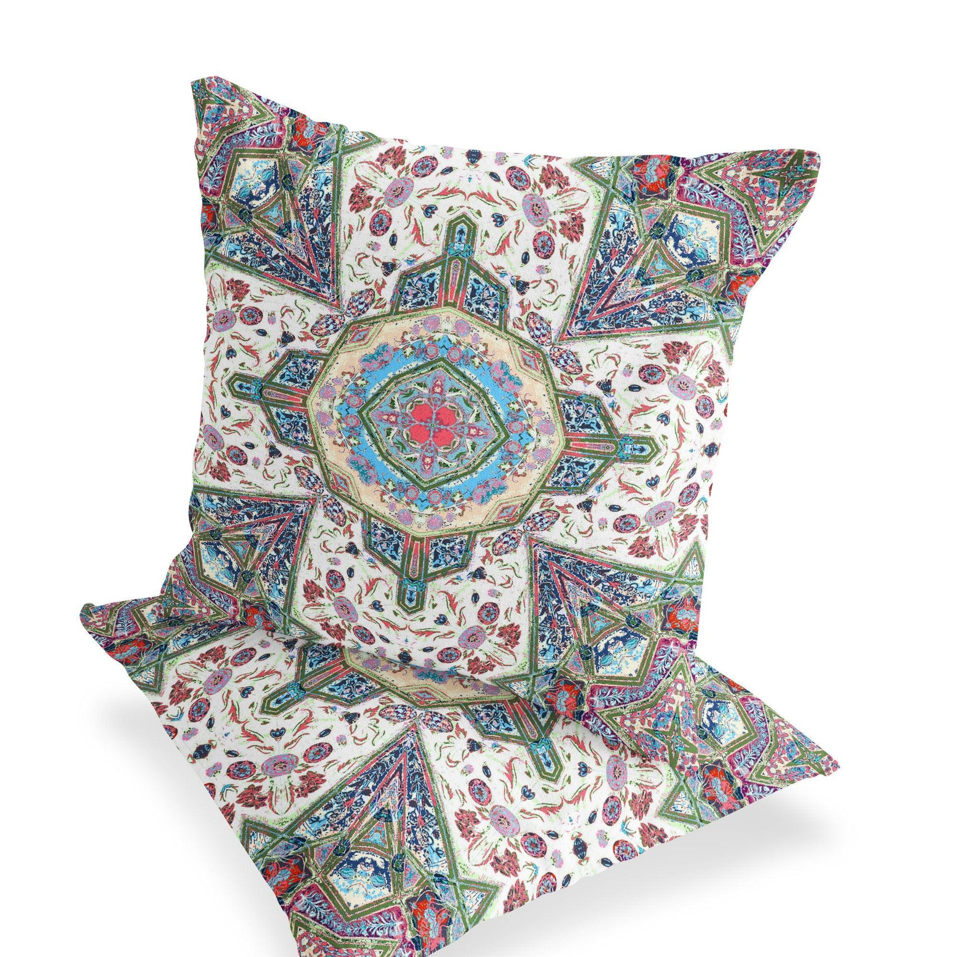 Set of Two 16" X 16" Pink and Green Blown Seam Floral Indoor Outdoor Throw Pillow - FurniFindUSA