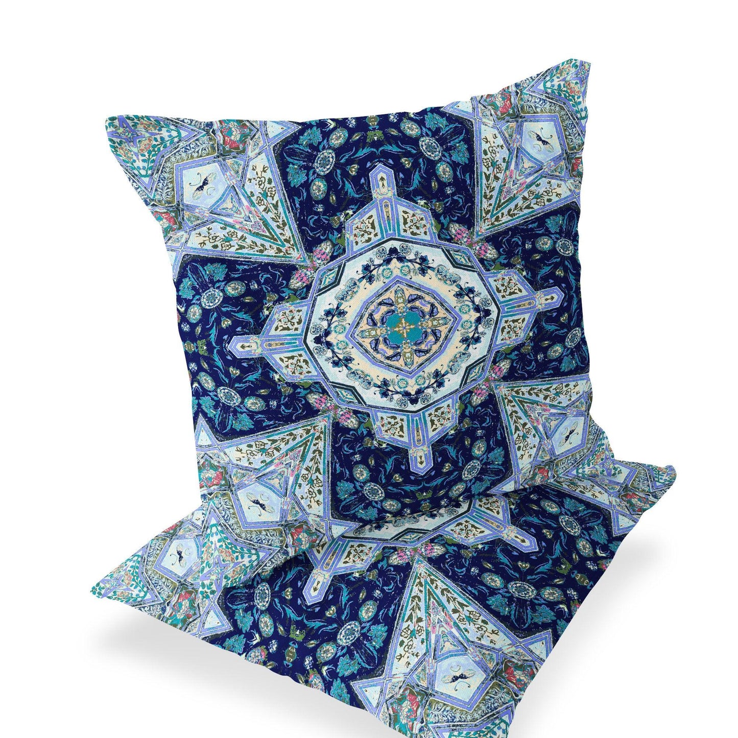 Set of Two 16" X 16" Blue and Green Blown Seam Floral Indoor Outdoor Throw Pillow - FurniFindUSA