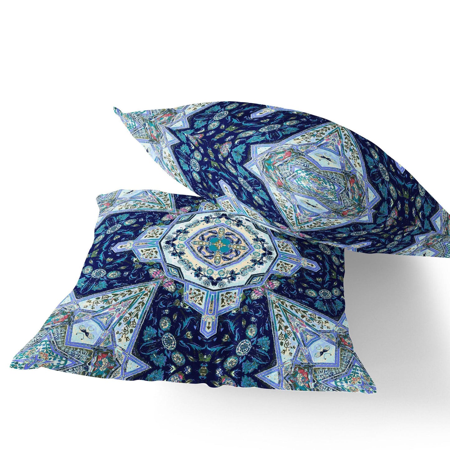 Set of Two 16" X 16" Blue and Green Blown Seam Floral Indoor Outdoor Throw Pillow - FurniFindUSA