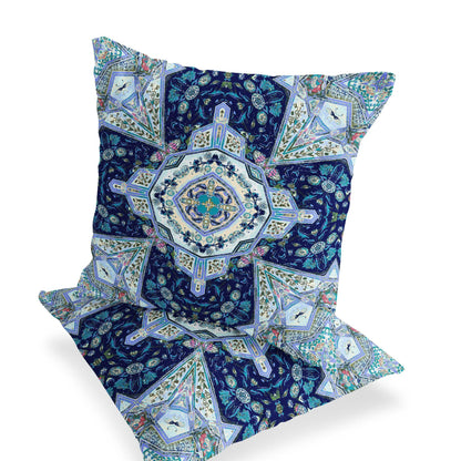 Set of Two 16" X 16" Blue and Green Blown Seam Floral Indoor Outdoor Throw Pillow - FurniFindUSA