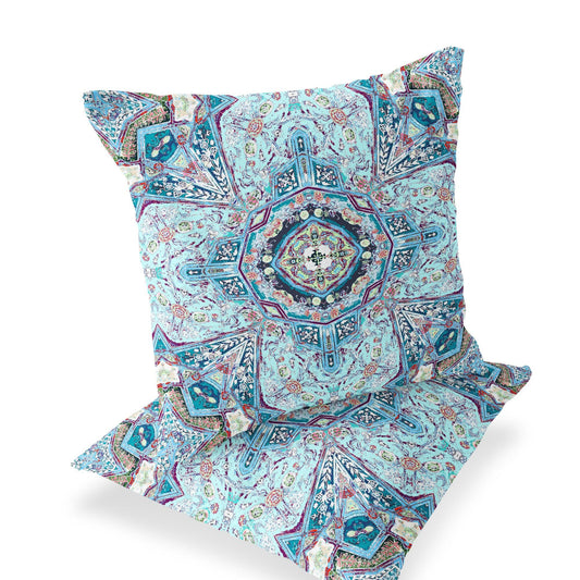 Set of Two 16" X 16" Blue and Pink Blown Seam Floral Indoor Outdoor Throw Pillow - FurniFindUSA