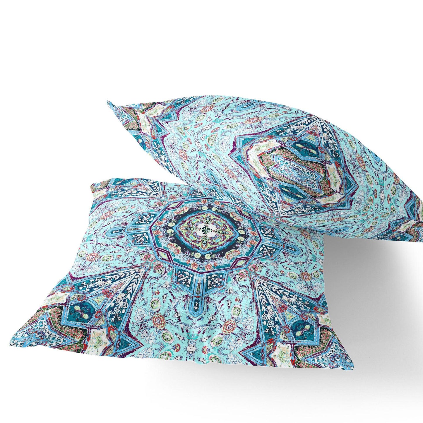 Set of Two 16" X 16" Blue and Pink Blown Seam Floral Indoor Outdoor Throw Pillow - FurniFindUSA