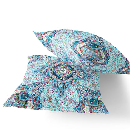 Set of Two 16" X 16" Blue and Pink Blown Seam Floral Indoor Outdoor Throw Pillow