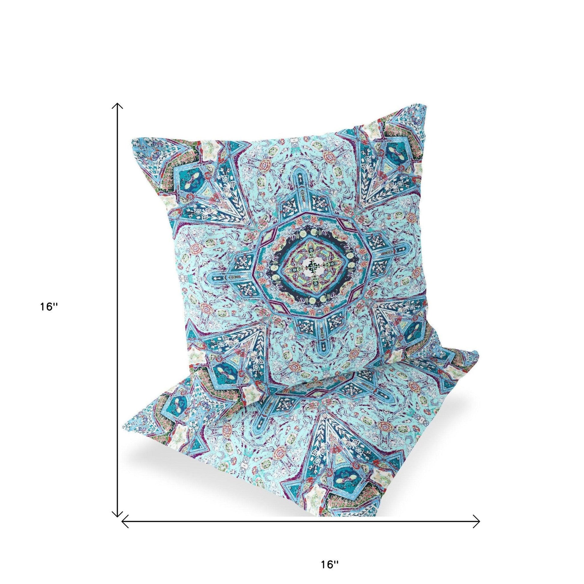 Set of Two 16" X 16" Blue and Pink Blown Seam Floral Indoor Outdoor Throw Pillow - FurniFindUSA