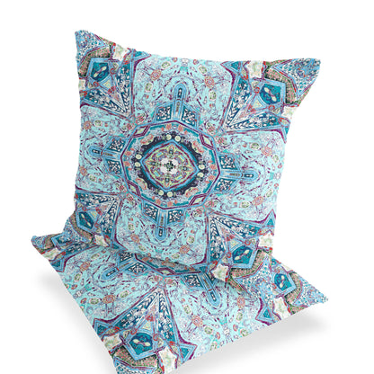 Set of Two 16" X 16" Blue and Pink Blown Seam Floral Indoor Outdoor Throw Pillow
