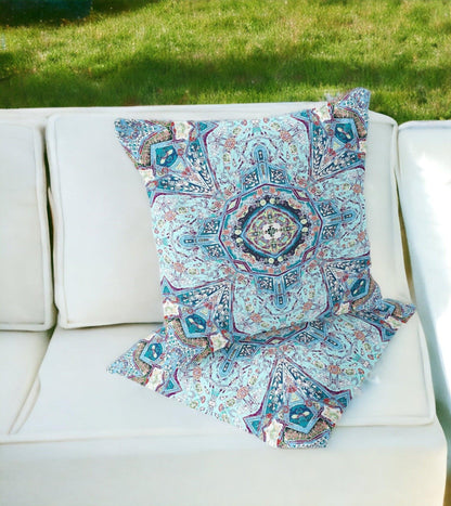 Set of Two 16" X 16" Blue and Pink Blown Seam Floral Indoor Outdoor Throw Pillow - FurniFindUSA