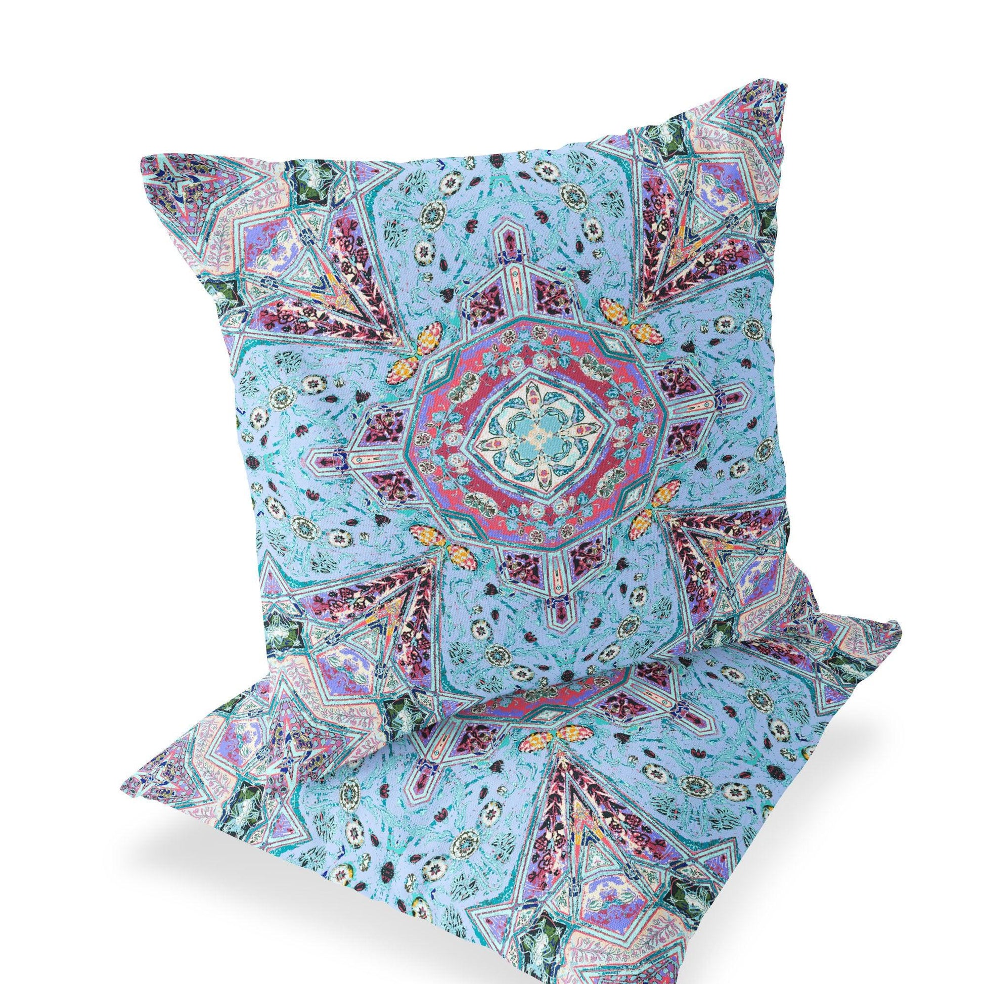 Set of Two 16" X 16" Blue and Green Blown Seam Floral Indoor Outdoor Throw Pillow - FurniFindUSA