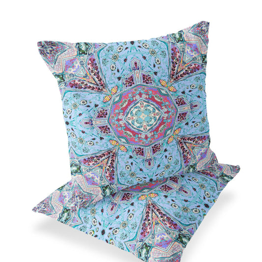 Set of Two 16" X 16" Blue and Green Blown Seam Floral Indoor Outdoor Throw Pillow - FurniFindUSA