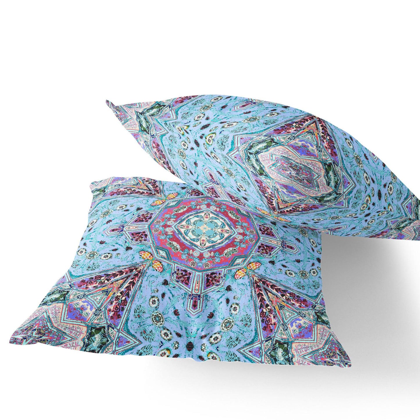 Set of Two 16" X 16" Blue and Green Blown Seam Floral Indoor Outdoor Throw Pillow - FurniFindUSA