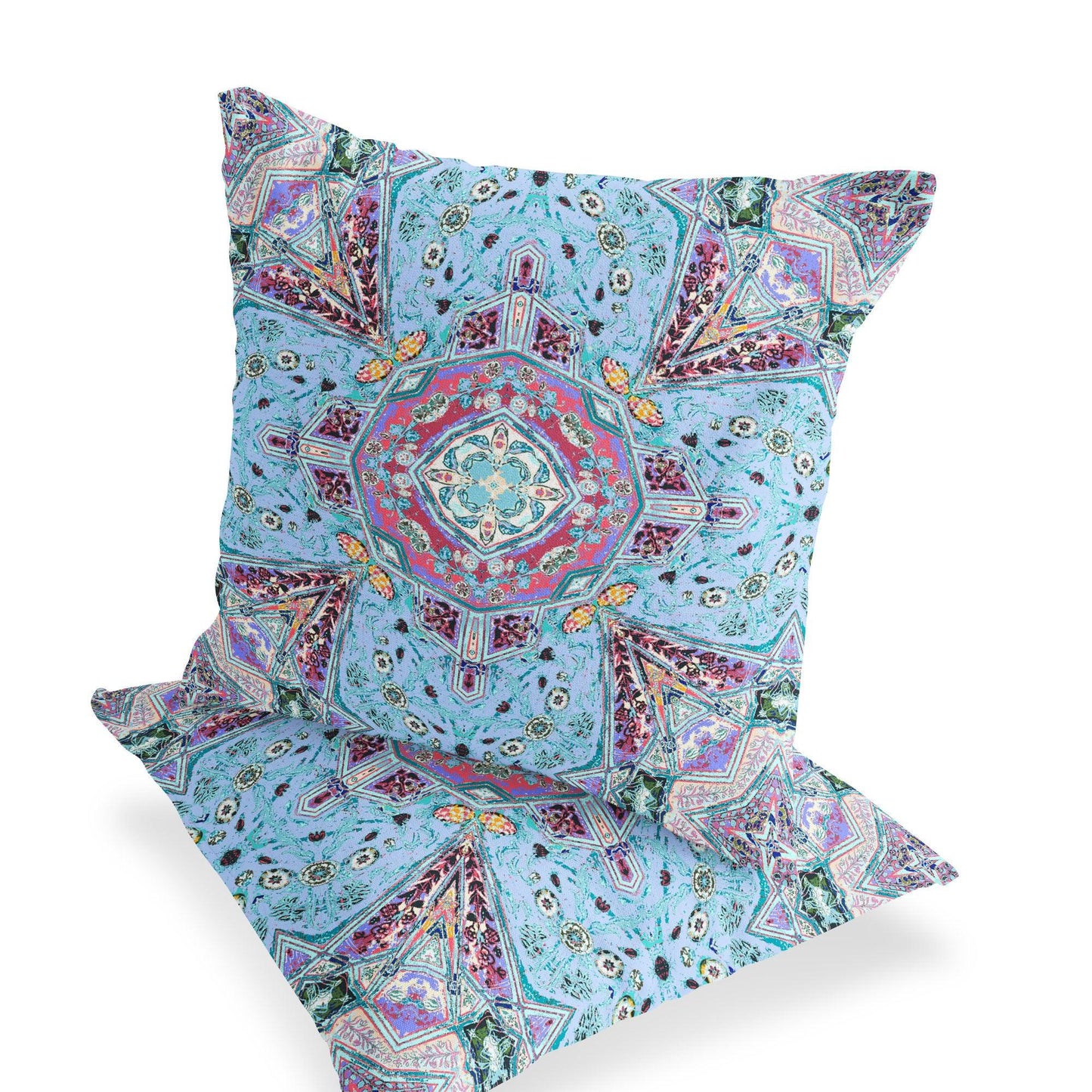 Set of Two 16" X 16" Blue and Green Blown Seam Floral Indoor Outdoor Throw Pillow - FurniFindUSA