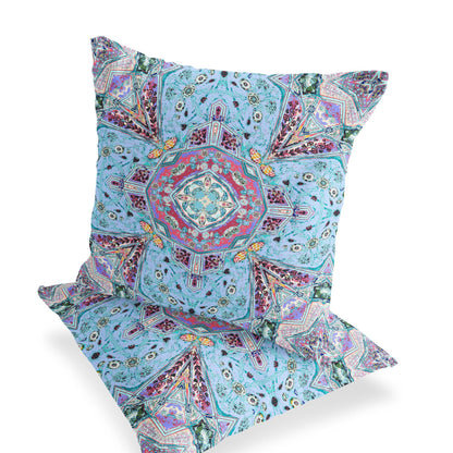 Set of Two 16" X 16" Blue and Green Blown Seam Floral Indoor Outdoor Throw Pillow - FurniFindUSA