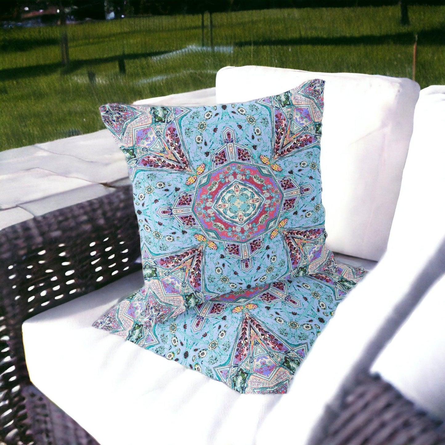 Set of Two 16" X 16" Blue and Green Blown Seam Floral Indoor Outdoor Throw Pillow - FurniFindUSA