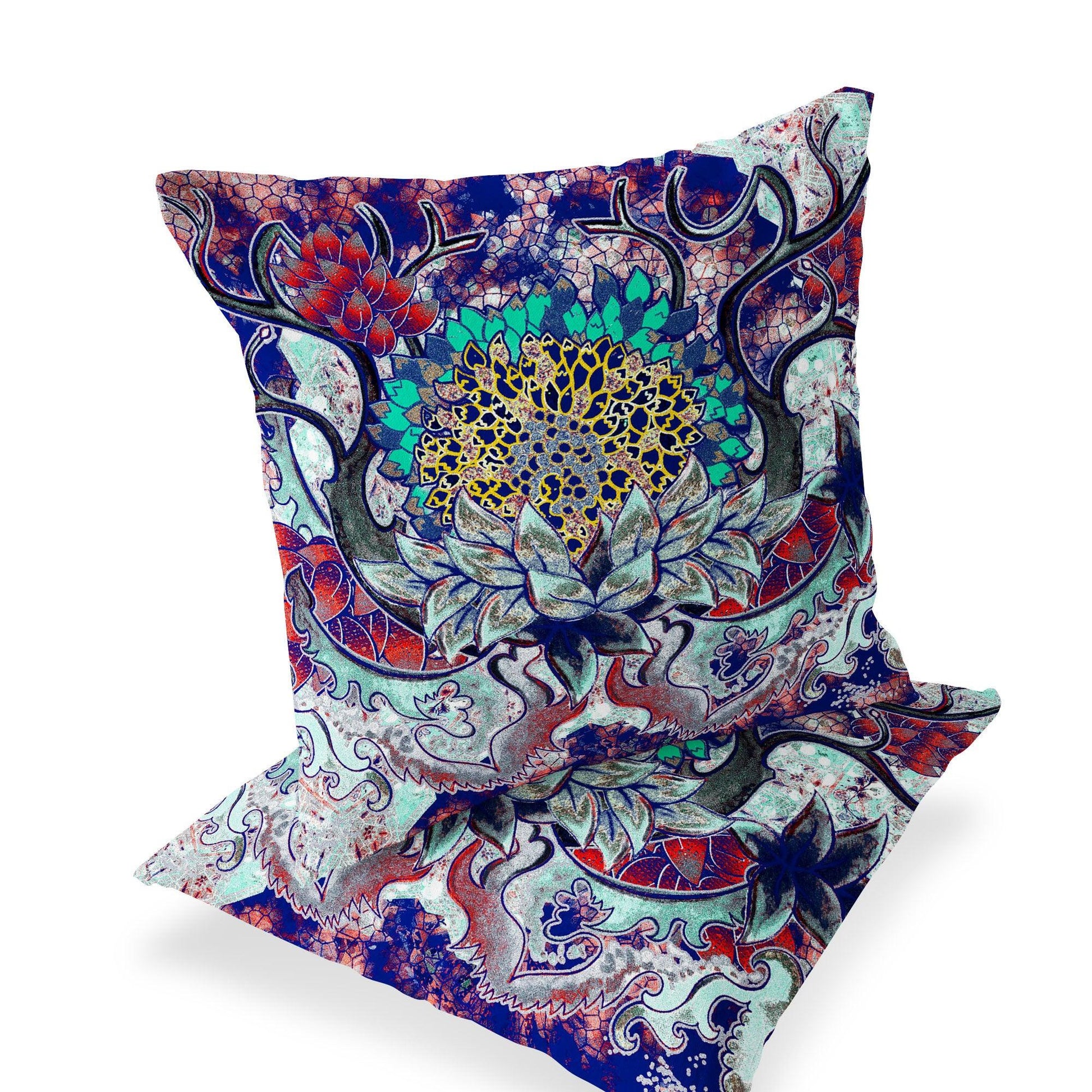 Set of Two 16" X 16" Blue and Green Blown Seam Floral Indoor Outdoor Throw Pillow - FurniFindUSA