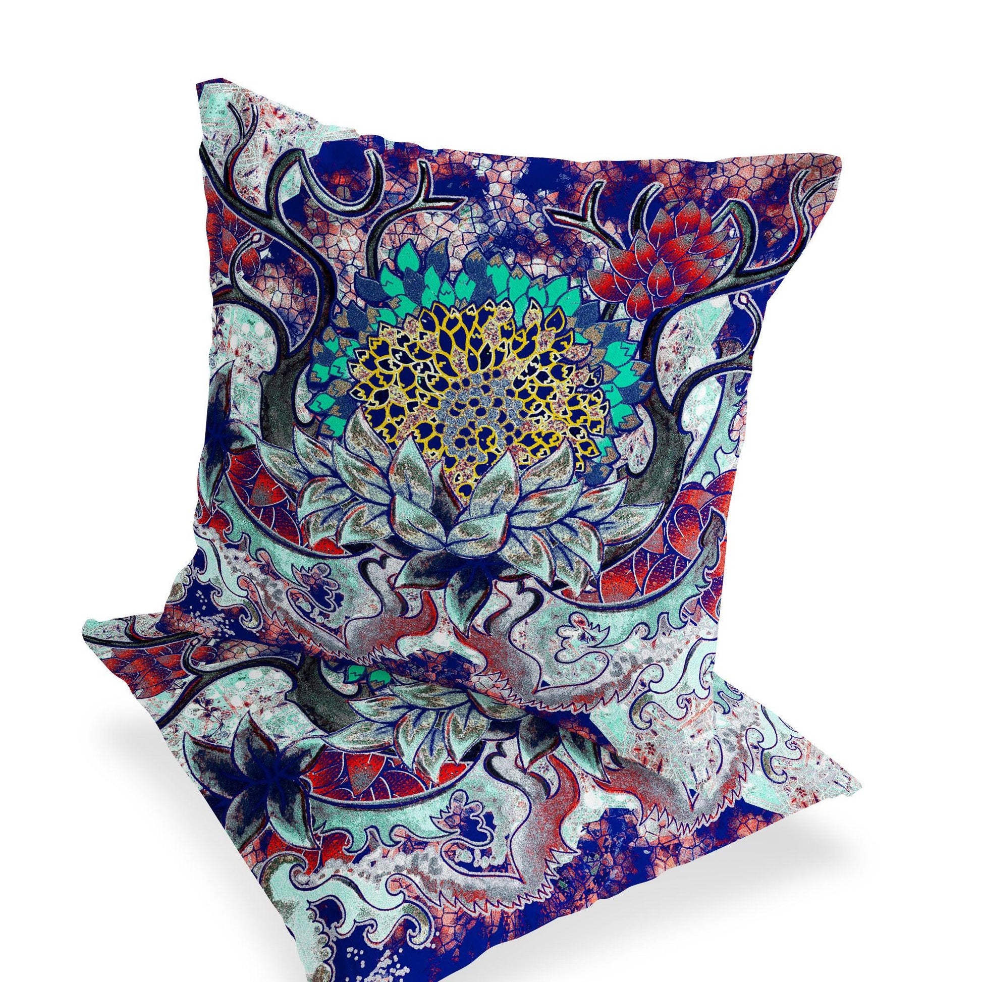 Set of Two 16" X 16" Blue and Green Blown Seam Floral Indoor Outdoor Throw Pillow - FurniFindUSA