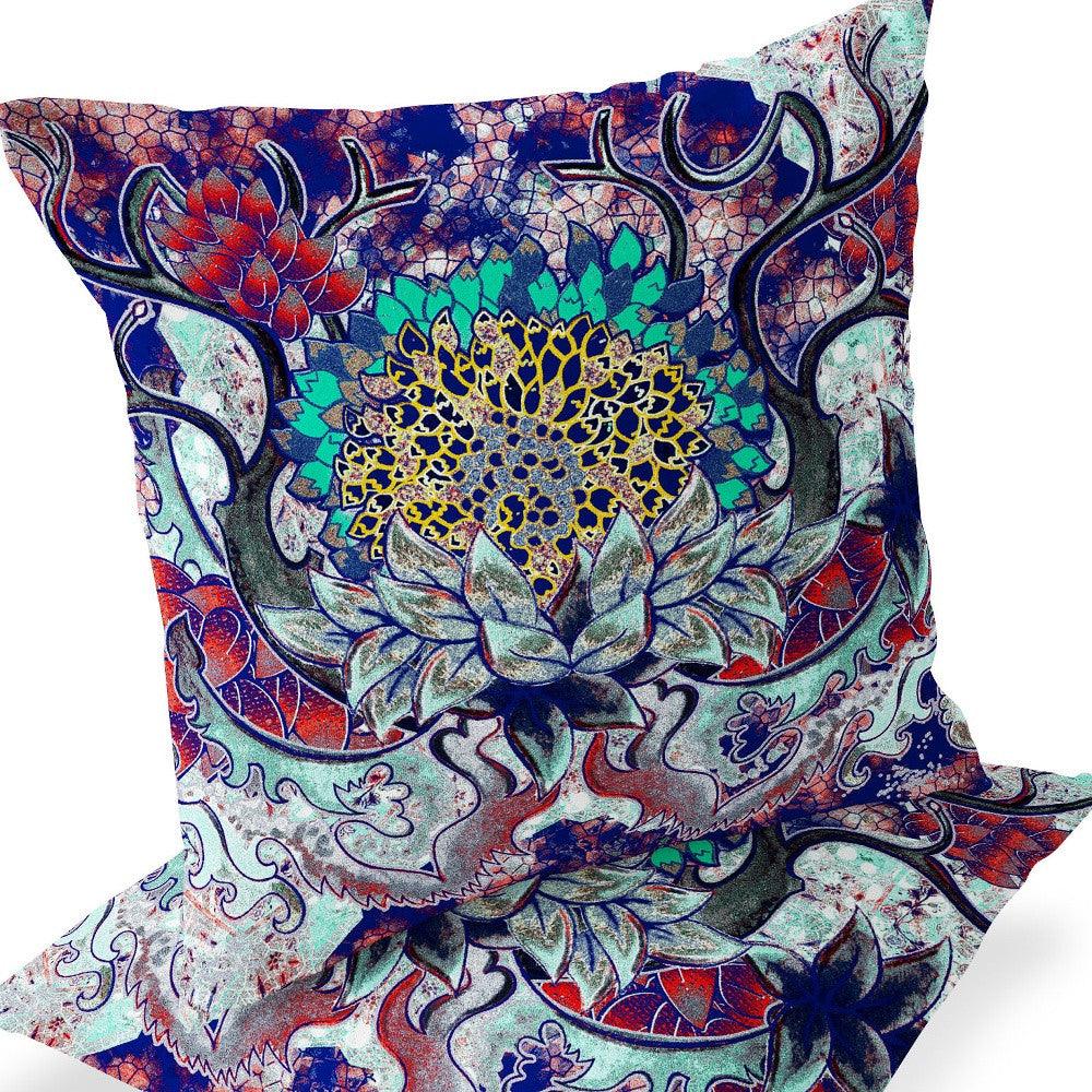 Set of Two 16" X 16" Blue and Green Blown Seam Floral Indoor Outdoor Throw Pillow - FurniFindUSA