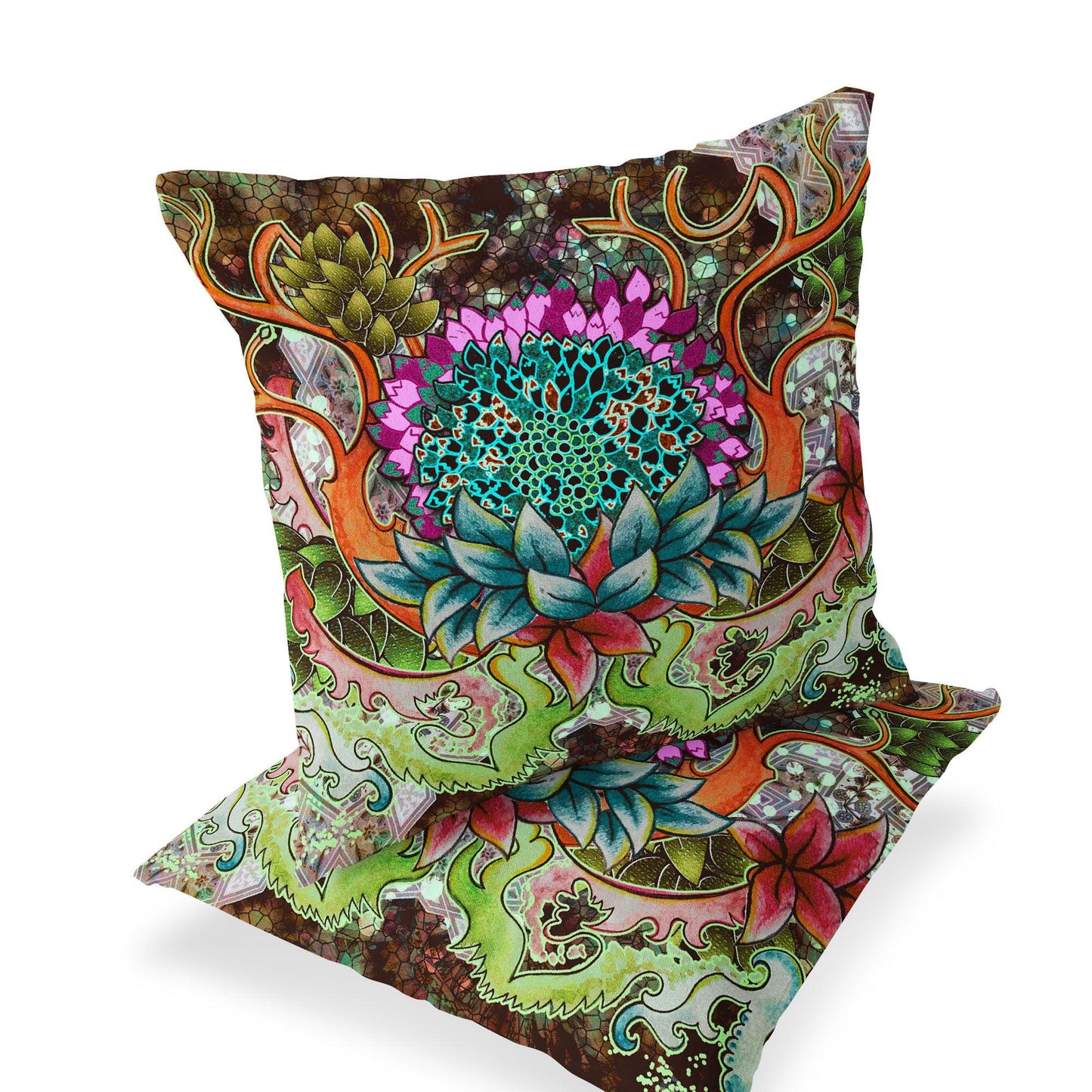 Set of Two 16" X 16" Green and Pink Blown Seam Floral Indoor Outdoor Throw Pillow - FurniFindUSA