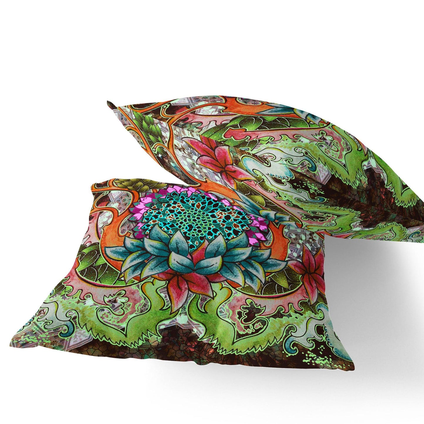 Set of Two 16" X 16" Green and Pink Blown Seam Floral Indoor Outdoor Throw Pillow - FurniFindUSA