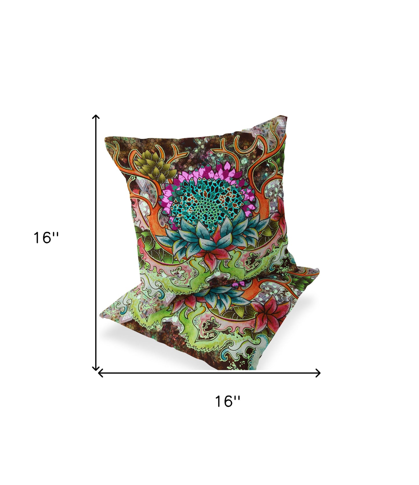 Set of Two 16" X 16" Green and Pink Blown Seam Floral Indoor Outdoor Throw Pillow