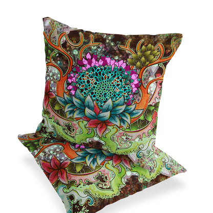 Set of Two 16" X 16" Green and Pink Blown Seam Floral Indoor Outdoor Throw Pillow