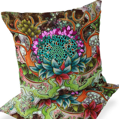 Set of Two 16" X 16" Green and Pink Blown Seam Floral Indoor Outdoor Throw Pillow - FurniFindUSA