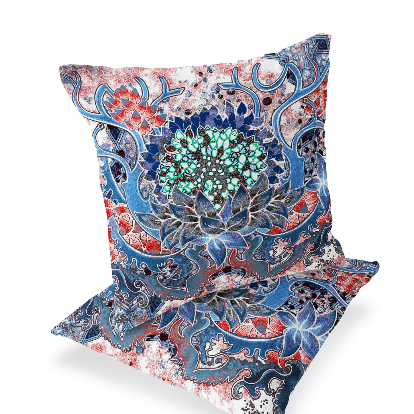 Set of Two 16" X 16" Blue and Pink Blown Seam Floral Indoor Outdoor Throw Pillow